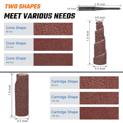 NuoDunco 50Pcs 1-1/2 Inch Sand Paper Abrasive Cartridge Rolls Cone Cylinder Rotary Flap Disc 1/4" Die Grinder Sanding Disc Grinding Bits Drum Sanders for Metal Wood Working - Image 2