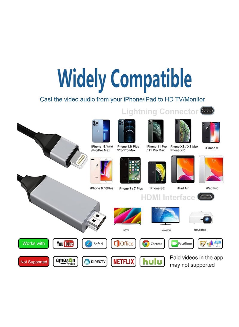 Y&D Lightning to HDMI Adapter Cable for iPhone,[Apple MFi Certified] 1080P HDTV Digital AV Sync Screen Connector Compatible with iPhone/iPad/iPod on HD TV Monitor Projector,6.6 Feet/2M,Grey  - Image 2