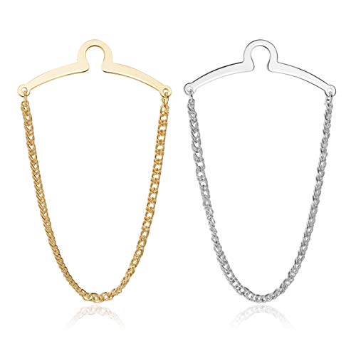 JOVIVI 2pcs Set Men's Silver Golden Necktie Tie Clips Link Chain Cravat Collar Pins Brooch w/Box - Image 1