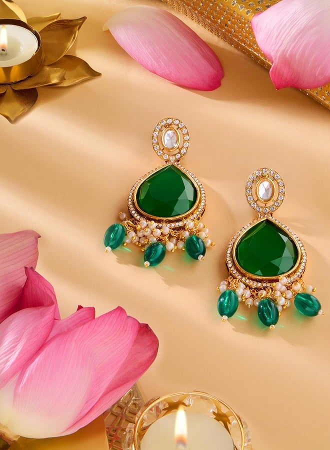 Zaveri Pearls Green Statement Stone Dazzling Austrian Diamonds Ethnic Dangle Earring For Women-ZPFK18330 - Image 2