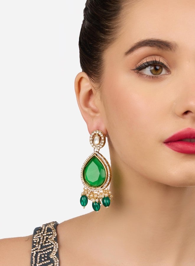 Zaveri Pearls Green Statement Stone Dazzling Austrian Diamonds Ethnic Dangle Earring For Women-ZPFK18330 - Image 3