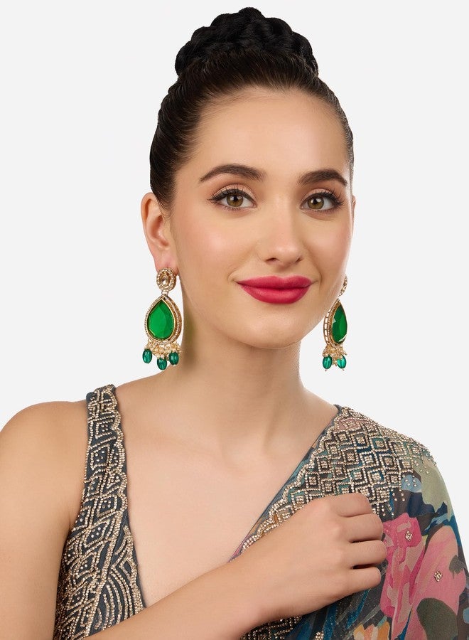 Zaveri Pearls Green Statement Stone Dazzling Austrian Diamonds Ethnic Dangle Earring For Women-ZPFK18330 - Image 5