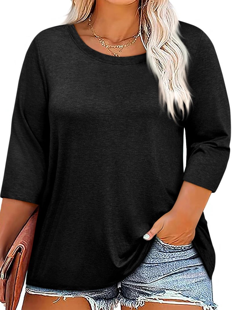 Beautife Plus Size Tops for Womens 3/4 Sleeve Casual T Shirts Loose Fit Tunic Blouse Black - Image 1