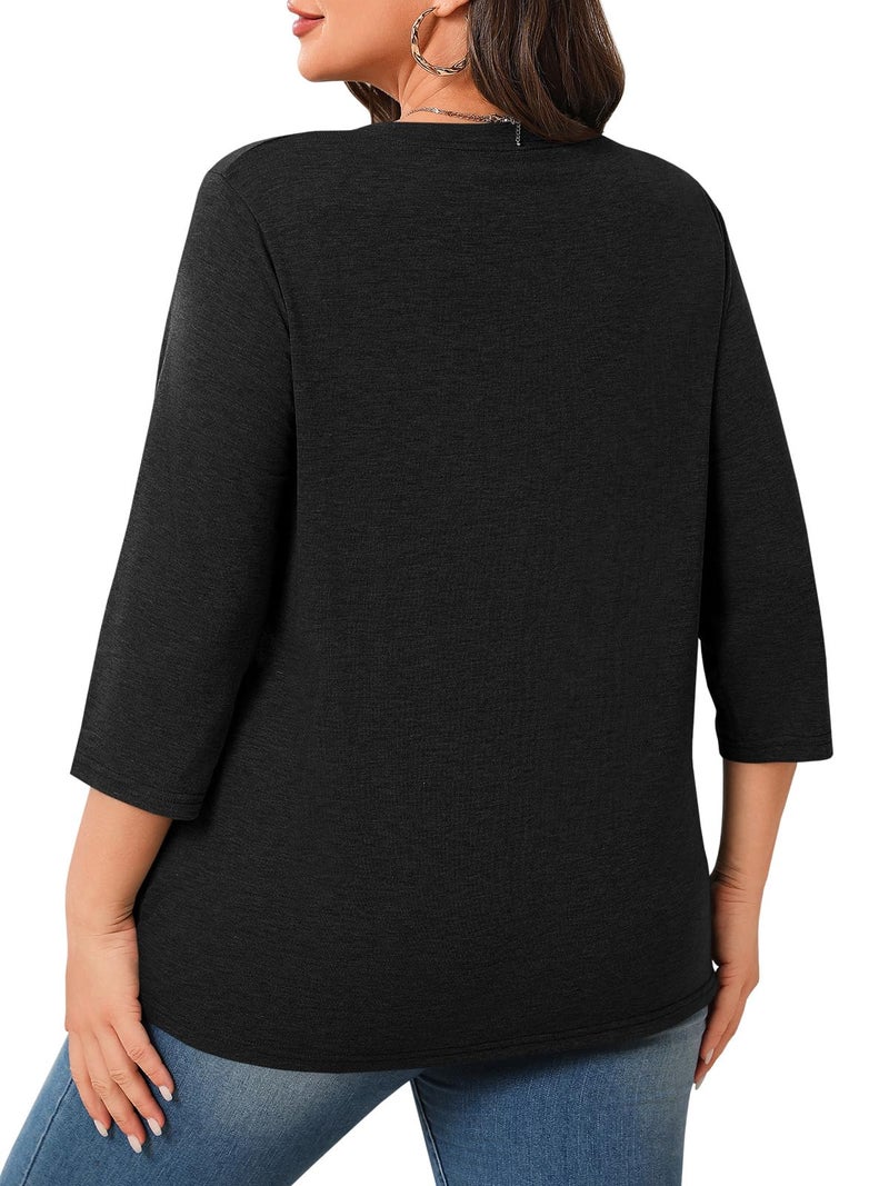 Beautife Plus Size Tops for Womens 3/4 Sleeve Casual T Shirts Loose Fit Tunic Blouse Black - Image 4