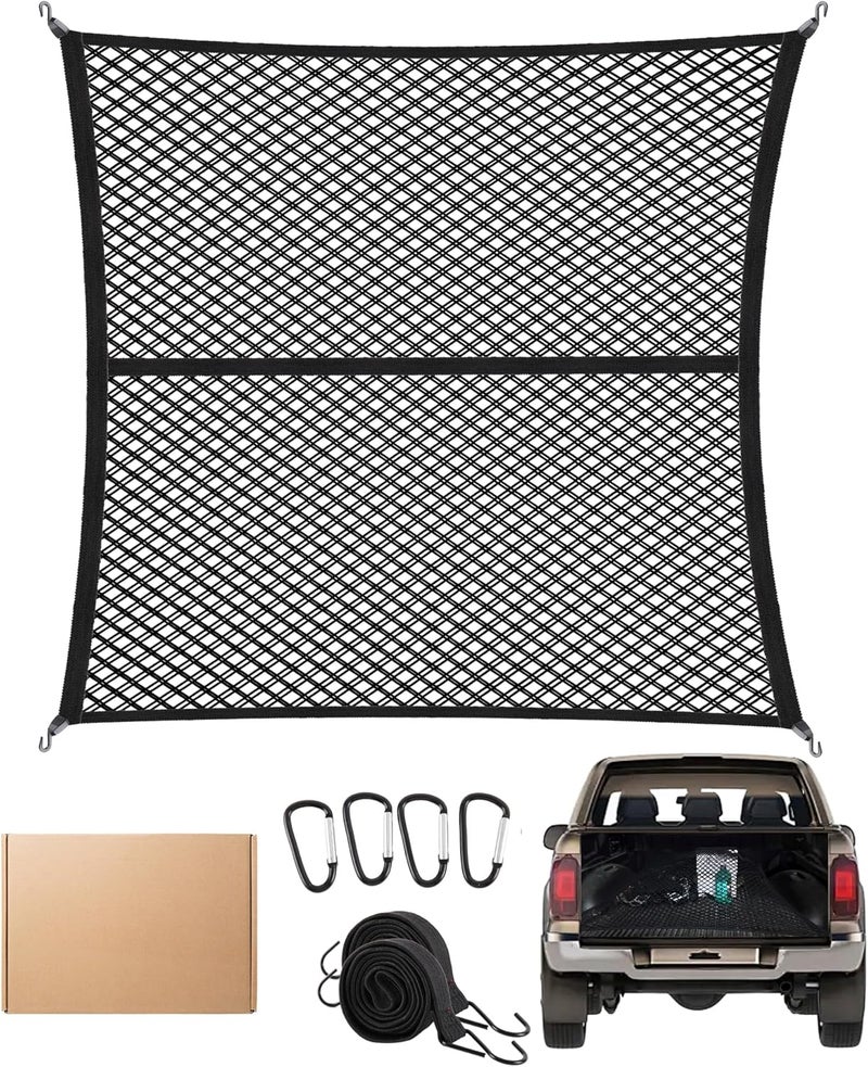 FoundGo 120x120m Elastic Cargo Net Stretches to 210x210cm Truck Bed Net Luggage Net for Truck Motorhome Van Pickup incl.4x Steel Carabiners + 4x ABS Hooks + 2x straps - Double Layer All usage compatible - Image 1