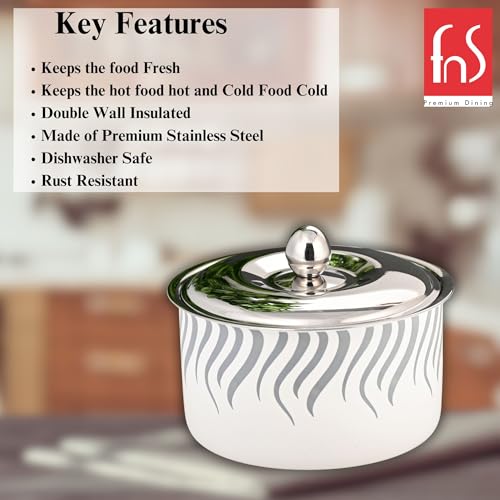 FnS Flame Stainless Steel Casserole | Premium Double Wall Insulated Hot Pot with Self-Locking Press Lid | Elegant Designer Serving Bowl for Kitchen & Dining (850 ml) - Image 5