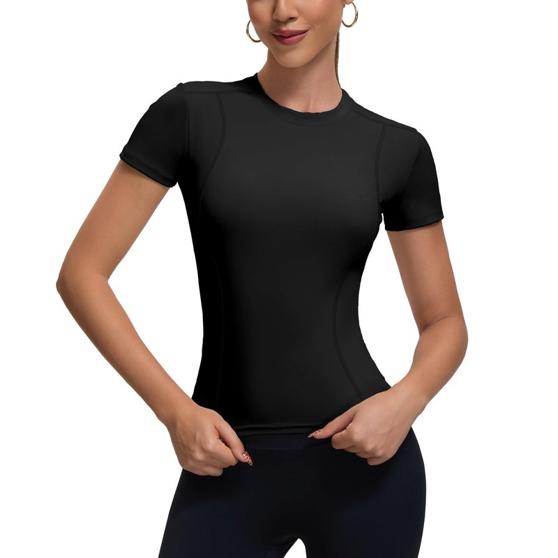 BJY Womens Black Workout Compression Shirts,Athletic Quick Dry Yoga Gym Pilates Shapewear Tops,Cute Crop Y2K Short Sleeve Clothes - Image 1