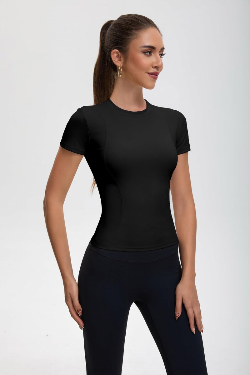 BJY Womens Black Workout Compression Shirts,Athletic Quick Dry Yoga Gym Pilates Shapewear Tops,Cute Crop Y2K Short Sleeve Clothes - Image 3