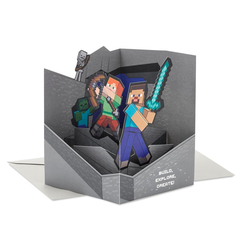 Hallmark Paper Wonder Minecraft Pop-Up Card (Build, Explore, Create) for Birthdays, Graduations, Kids, Gamers - Image 1