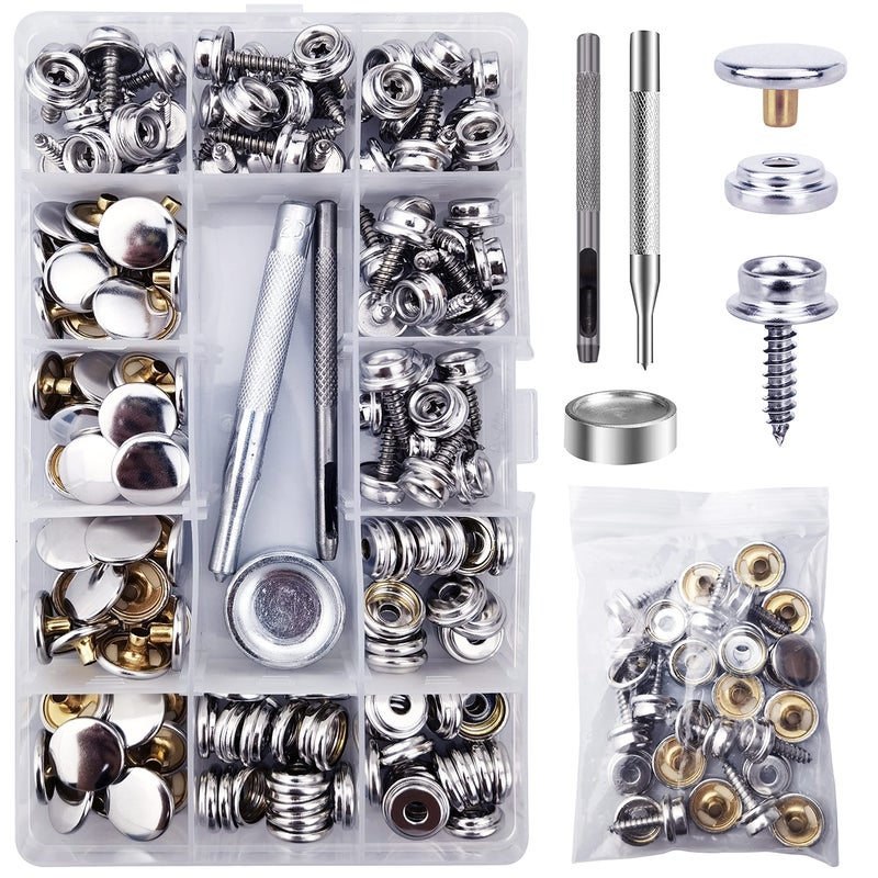 TmppDeco 180 PCS Canvas Snap Kit with 3 PCS Setting Tools Marine Grade Screws Snaps for Boat Cover Screw Snap Fasteners for Furniture Canvas Tarpaulins Tents  Silver