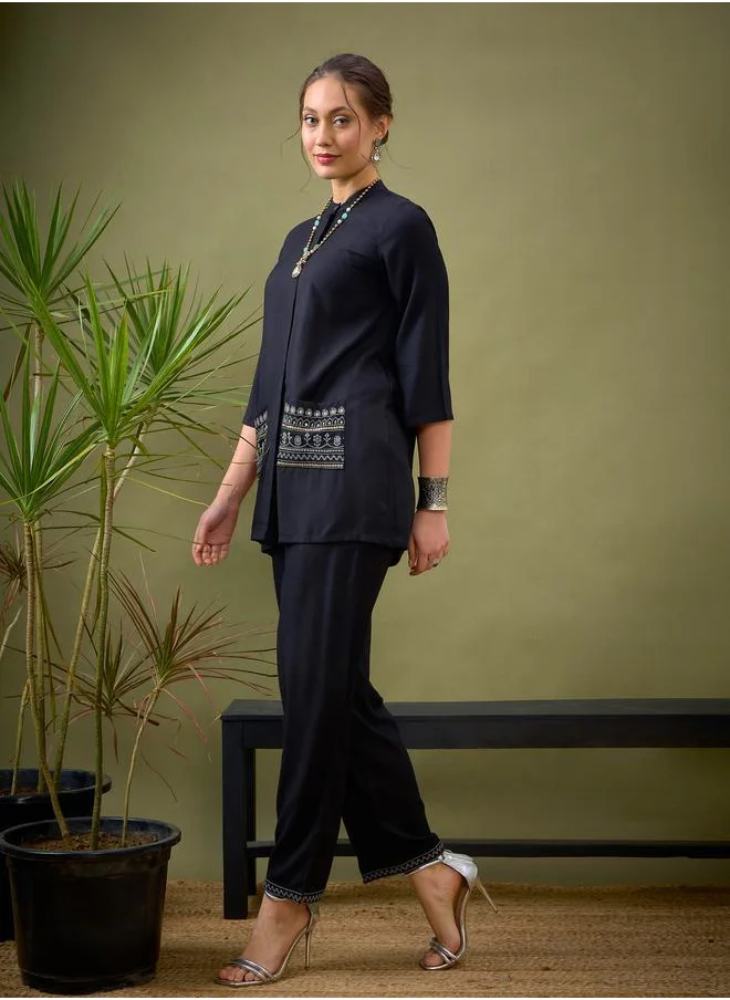 SASSAFRAS Embroidered Pocket Shirt & Palazzo Set by Styli