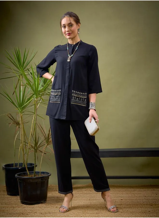 SASSAFRAS Embroidered Pocket Shirt & Palazzo Set by Styli
