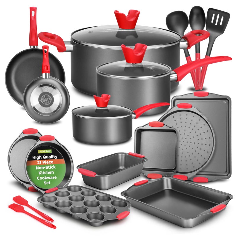 NutriChef 21-Piece Nonstick Cookware Set - PTFE/PFOA/PFOS Free Heat Resistant Lacquer Kitchen Ware Pots Pan w/ Cool-Touch Handles, Saucepan, Fry Pans, Lid, Bakeware, For Gas Electric Ceramic Cooktops - Image 1