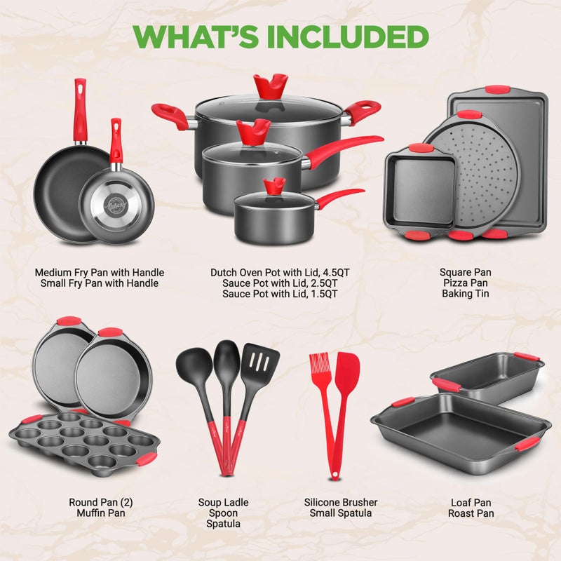 NutriChef 21-Piece Nonstick Cookware Set - PTFE/PFOA/PFOS Free Heat Resistant Lacquer Kitchen Ware Pots Pan w/ Cool-Touch Handles, Saucepan, Fry Pans, Lid, Bakeware, For Gas Electric Ceramic Cooktops - Image 2