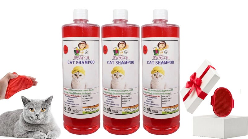 Swacch Cat Shampoo -1 Litre (Pack of 3) (Strawberry) + Bath Brush with Adjustable Straps Combo Pack - Image 1