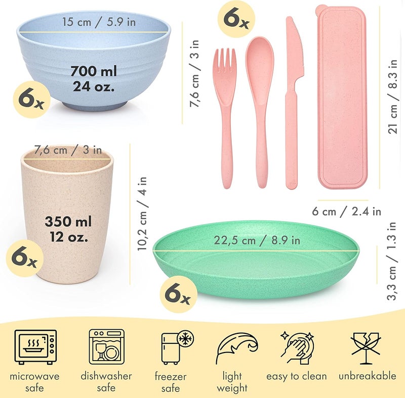 FOODLE طقم أدوات الطعام من قش القمح FOODLE خالي من BPA معتمد للسلامة خفيف الوزن غير قابل للكسر آمن للاستخدام في الميكروويف وغسالة الصحون مناسب للتخييم والسكن الجامعي وأدوات الطعام في المركبات المتنقلة قابلة لإعادة الاستخدام للأطفال للأطباق والأوعية لمجموعة 6 - Image 2