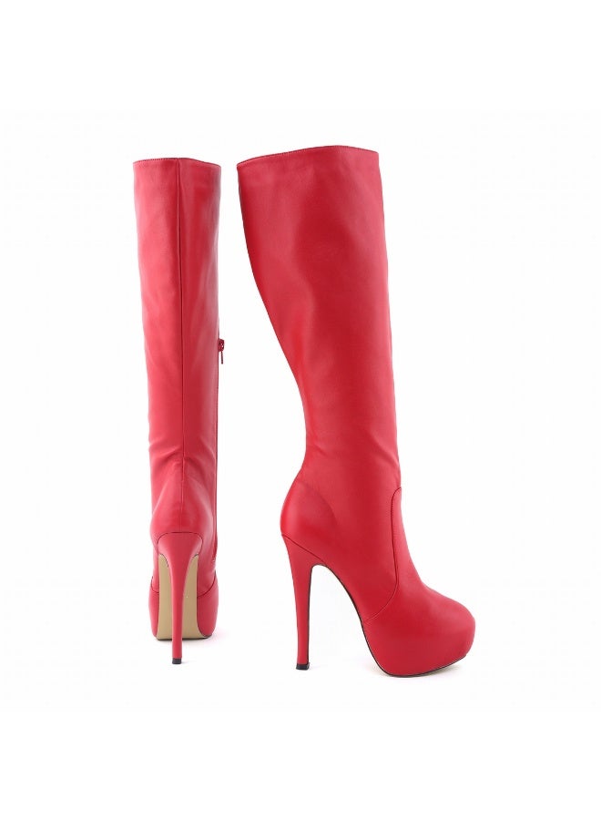 Loquat Faux leather ultra-high heel leg-slimming round-toe knee-high women's boots Heel height: 14cm, platform height: 4cm Red - Image 4