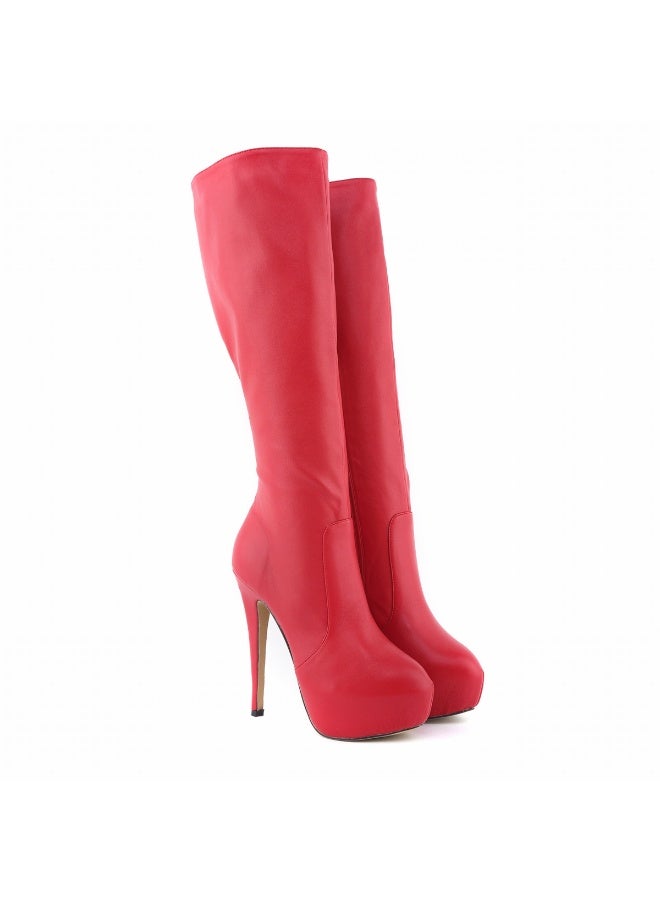 Loquat Faux leather ultra-high heel leg-slimming round-toe knee-high women's boots Heel height: 14cm, platform height: 4cm Red - Image 3