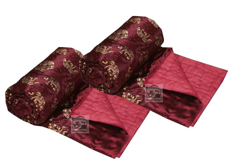 AARMOZY Cotton Filled Light Weight Silk Jaipuri AC Quilt/Razai Gold Print Jaipuriya Rajai/Razzai - (Animal Print, Maroon Elephant Single Bed Set of 2) - Image 1