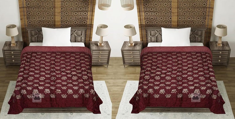 AARMOZY Cotton Filled Light Weight Silk Jaipuri AC Quilt/Razai Gold Print Jaipuriya Rajai/Razzai - (Animal Print, Maroon Elephant Single Bed Set of 2) - Image 2
