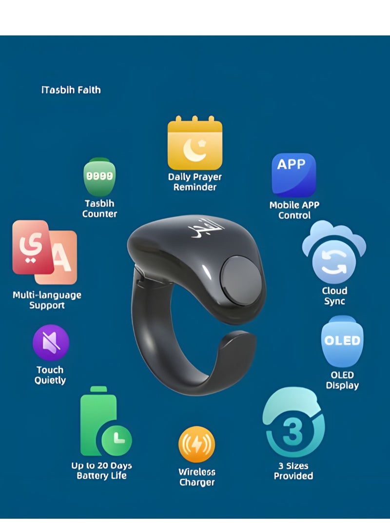 Smart Ring, Adjustable Ring Finger Counter with 2 Sizes (18/20mm), APP Support Digital Counter Prayer Reminder Rings, Waterproof 4 Digit Finger Counter Ring for Muslims (Black)  - Image 2