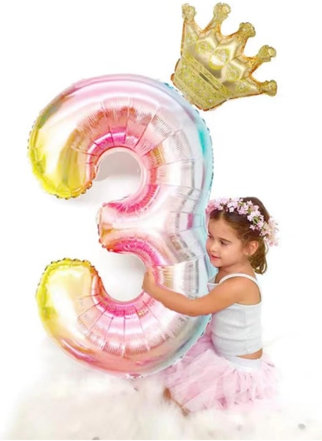 null - Number 3 Balloon with Detachable Crown, Easy Inflate and deflate reusable, Premium Foil Mylar Balloons for Birthdays, Anniversaries, and Party Decorations(40 inch, Multicolor） - Image 1