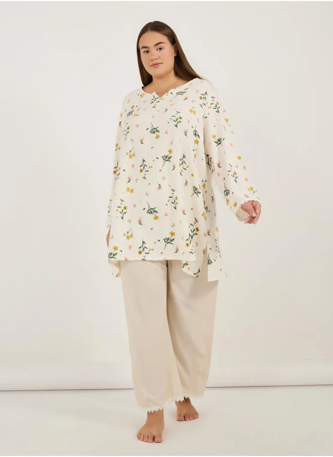 ستايلي Plus Size Notch Neck Floral Print Longline Top & Pyjama Set