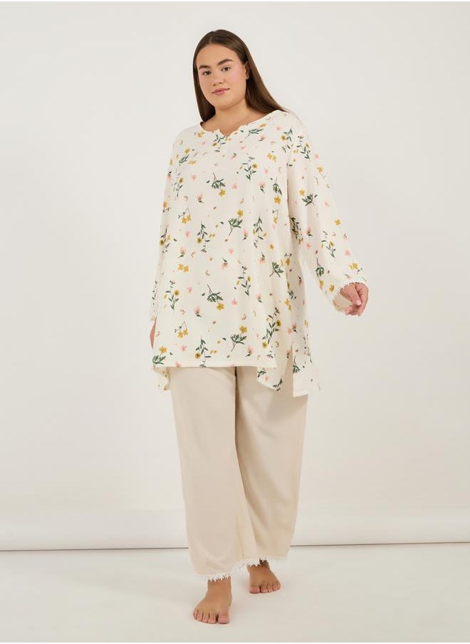 Styli Plus Size Notch Neck Floral Print Longline Top & Pyjama Set  - Image 1