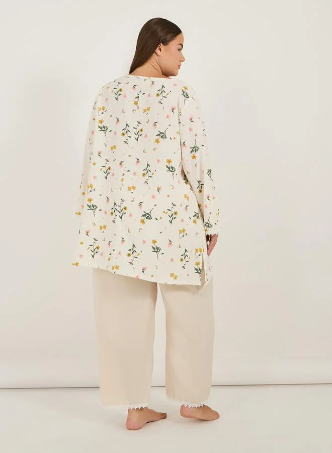 Styli Plus Size Notch Neck Floral Print Longline Top & Pyjama Set