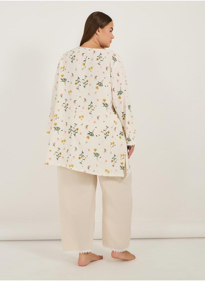 Styli Plus Size Notch Neck Floral Print Longline Top & Pyjama Set  - Image 5