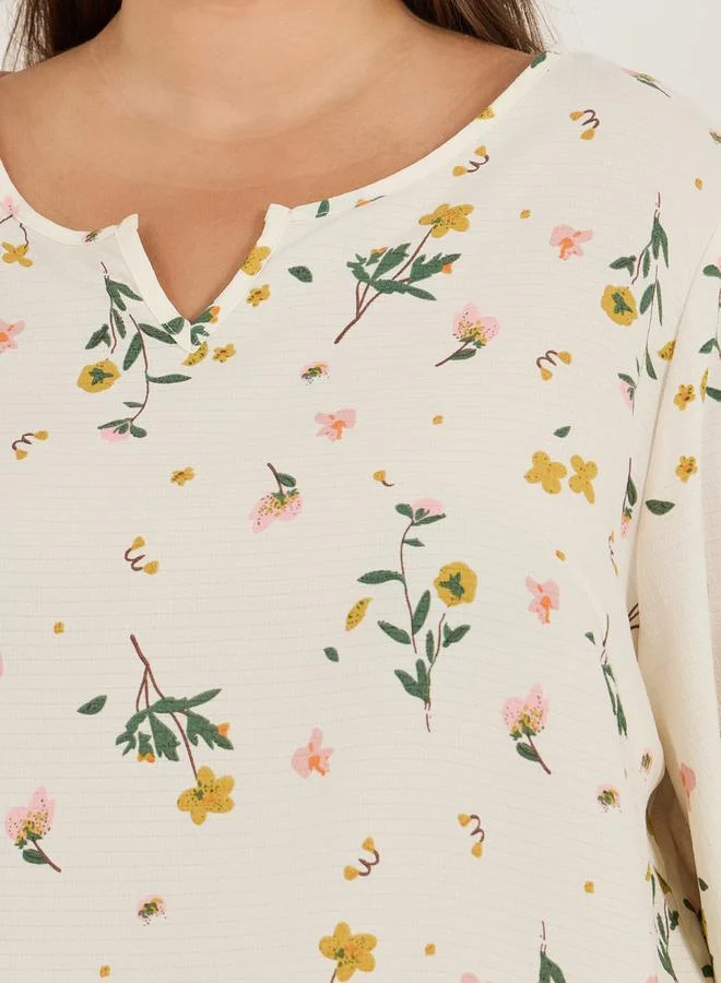 Styli Plus Size Notch Neck Floral Print Longline Top & Pyjama Set