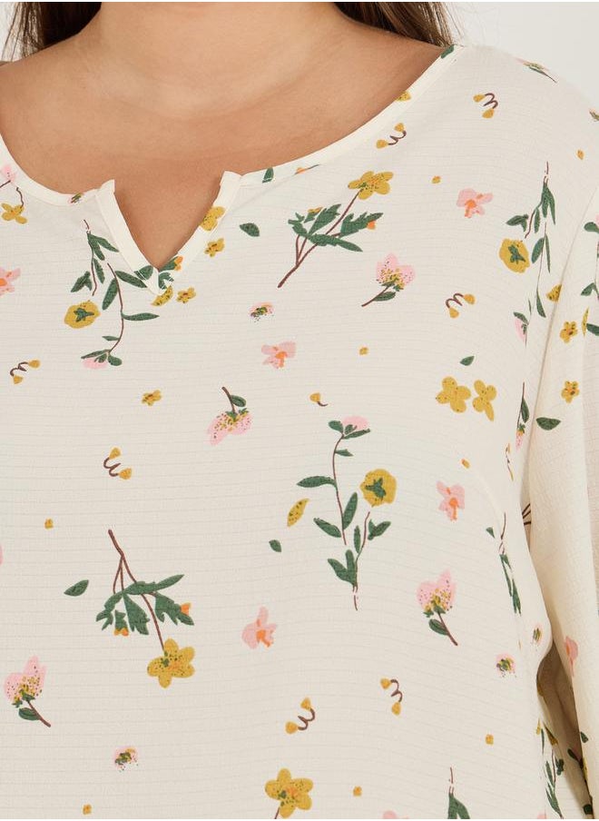 Styli Plus Size Notch Neck Floral Print Longline Top & Pyjama Set  - Image 3