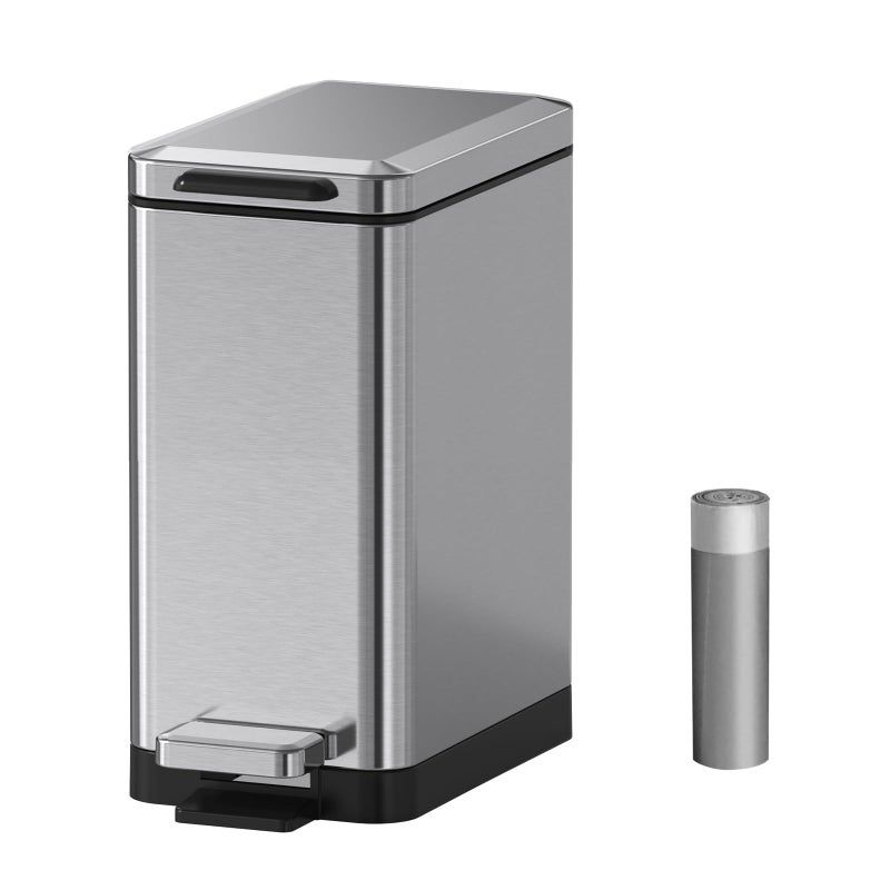 Mbillion Bathroom Trash Can with Lid Slim Stainless Steel Small Bathroom Garbage Can 10 Liter, 2.6 Gallon Soft Close, Step Pedal, Slim Wastebasket for Toilet, Office, Bedroom, Brushed Silver - Image 1