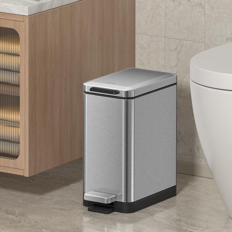Mbillion Bathroom Trash Can with Lid Slim Stainless Steel Small Bathroom Garbage Can 10 Liter, 2.6 Gallon Soft Close, Step Pedal, Slim Wastebasket for Toilet, Office, Bedroom, Brushed Silver - Image 2