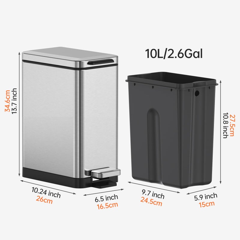 Mbillion Bathroom Trash Can with Lid Slim Stainless Steel Small Bathroom Garbage Can 10 Liter, 2.6 Gallon Soft Close, Step Pedal, Slim Wastebasket for Toilet, Office, Bedroom, Brushed Silver - Image 3