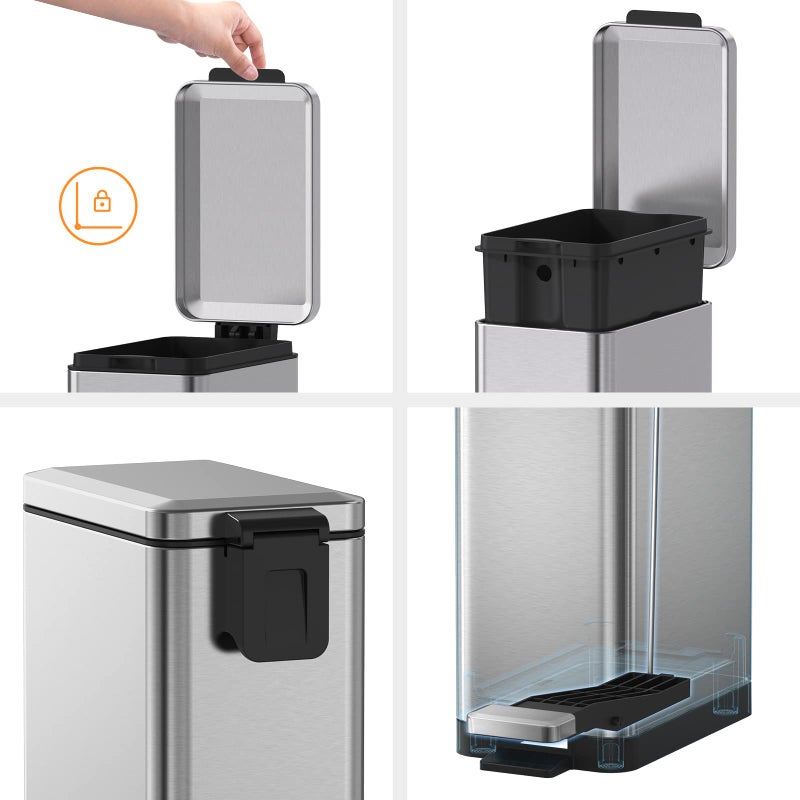 Mbillion Bathroom Trash Can with Lid Slim Stainless Steel Small Bathroom Garbage Can 10 Liter, 2.6 Gallon Soft Close, Step Pedal, Slim Wastebasket for Toilet, Office, Bedroom, Brushed Silver - Image 4