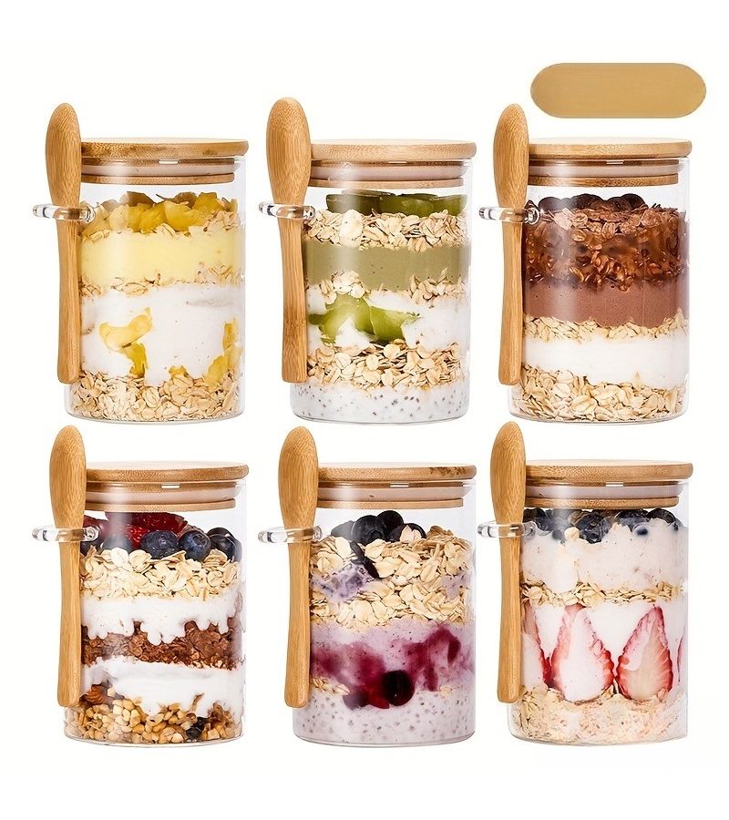 6pcs Overnight Oats Containers With Bamboo Lids and Spoons for Meal Prep - Image 3