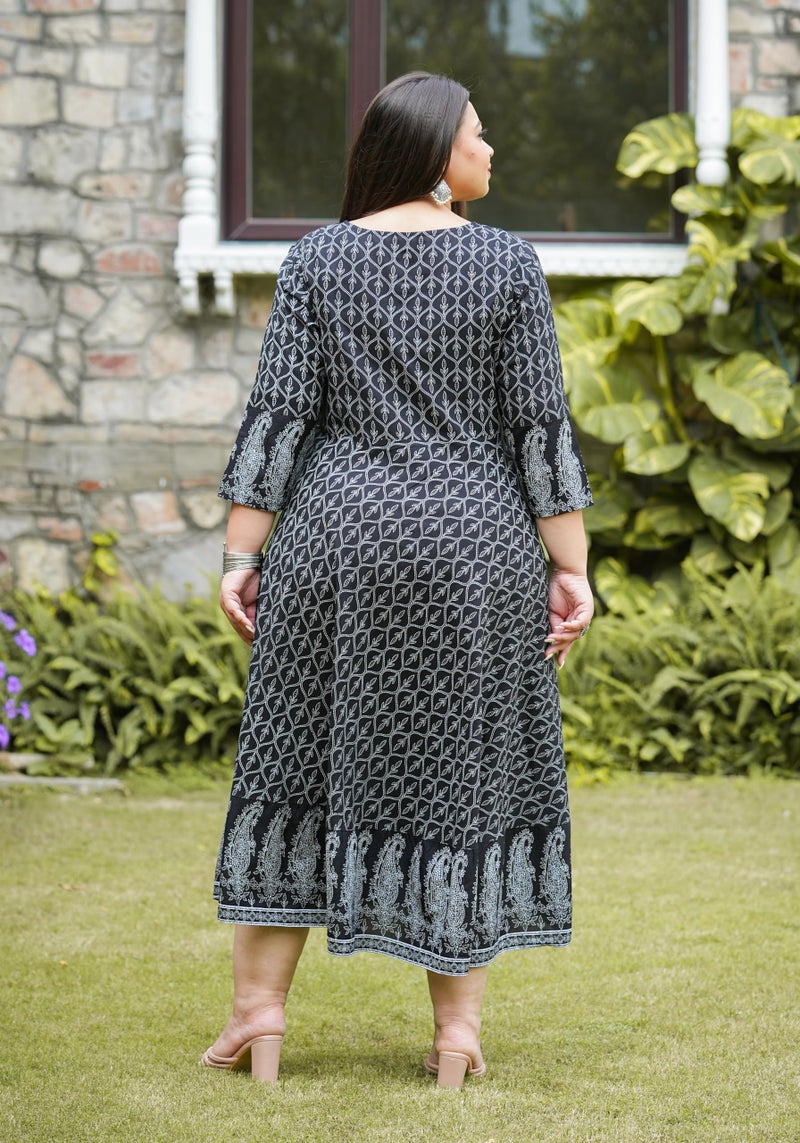 Yash Gallery Rayon Women's Geomatrical Jamdani Printed Regular Fit Kurta (1545YKBLACK, XL, Black) - Image 4