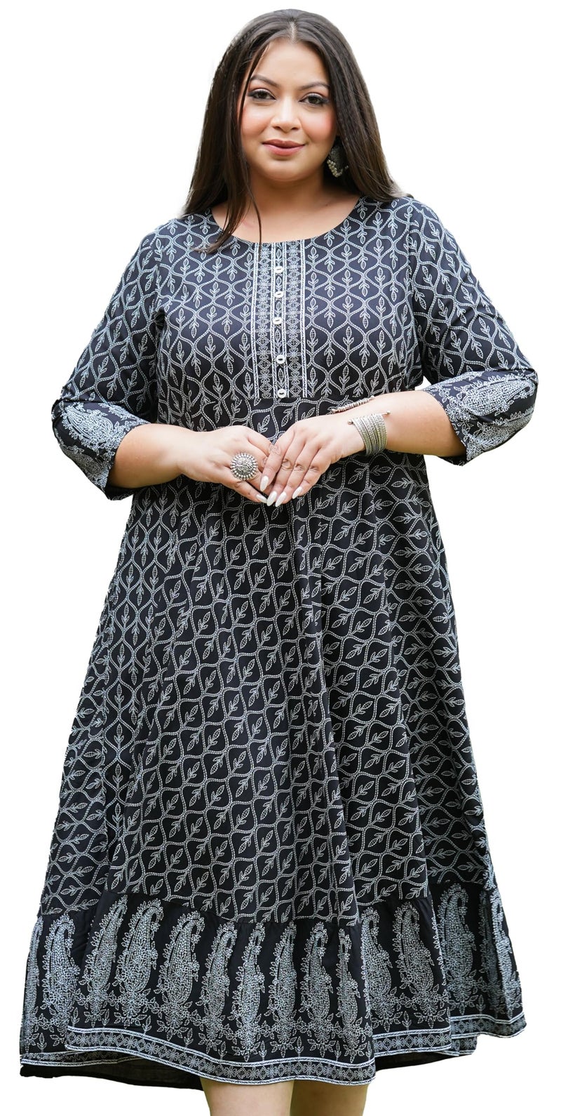 Yash Gallery Rayon Women's Geomatrical Jamdani Printed Regular Fit Kurta (1545YKBLACK, XL, Black) - Image 1