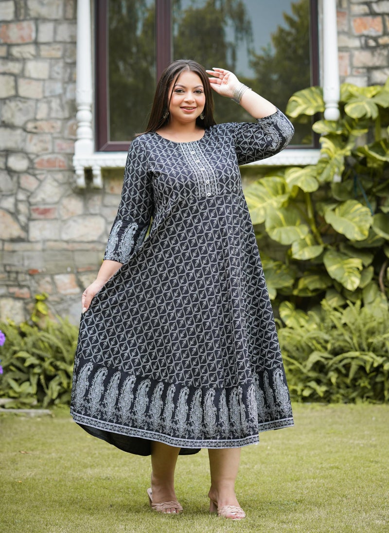 Yash Gallery Rayon Women's Geomatrical Jamdani Printed Regular Fit Kurta (1545YKBLACK, XL, Black) - Image 2