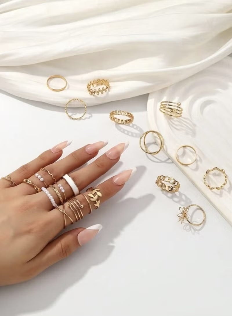 جيفت مجموعة خواتم عصرية من سبائك معدنية للنساء، مكونة من ٢٢ قطعة، مزينة بالزهور والأوراق واللؤلؤ الصناعي، مناسبة للاستخدام اليومي، والمواعيد، والحفلات، والهدايا. - Image 3