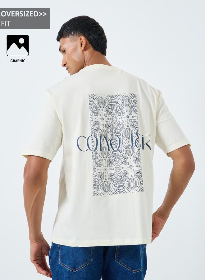 Styli Men Cream Graphic Print Oversized T-Shirt - Image 3
