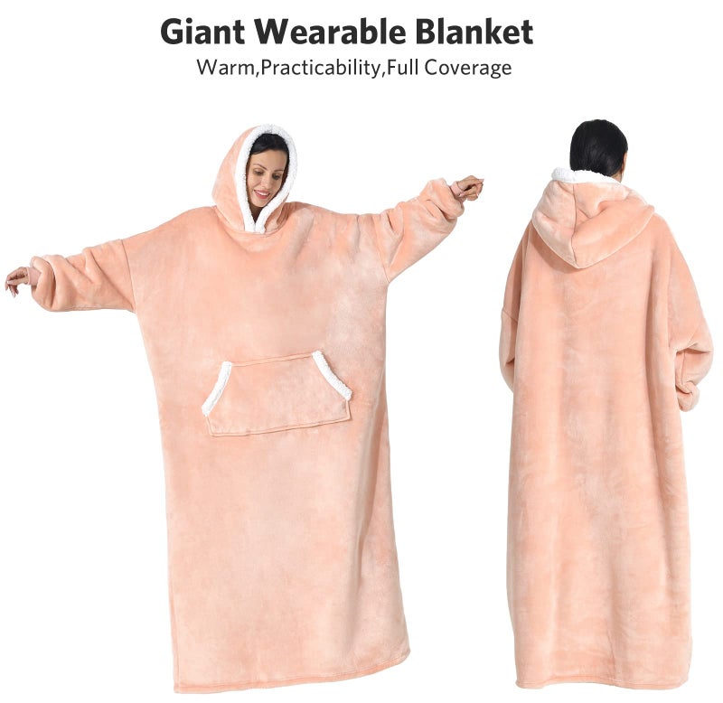 Sioloc Wearable Blanket Hoodie for Women/Kids/Men  Oversized & Cozy Sherpa Lined Hoodie Sweatshirt Blanket(Pink Long) - Image 3
