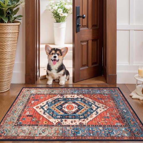 SERISSA Boho Rugs for Entryway, 2x3 Rust Entryway Rug Non-Slip Washable Small Area Rug, Ultra Soft Oriental Vintage Low-Pile Indoor Door Mat Floor Carpet for Entrance Bedroom Kitchen Bathroom - Image 2
