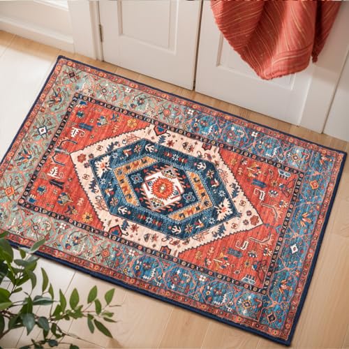 SERISSA Boho Rugs for Entryway, 2x3 Rust Entryway Rug Non-Slip Washable Small Area Rug, Ultra Soft Oriental Vintage Low-Pile Indoor Door Mat Floor Carpet for Entrance Bedroom Kitchen Bathroom - Image 1