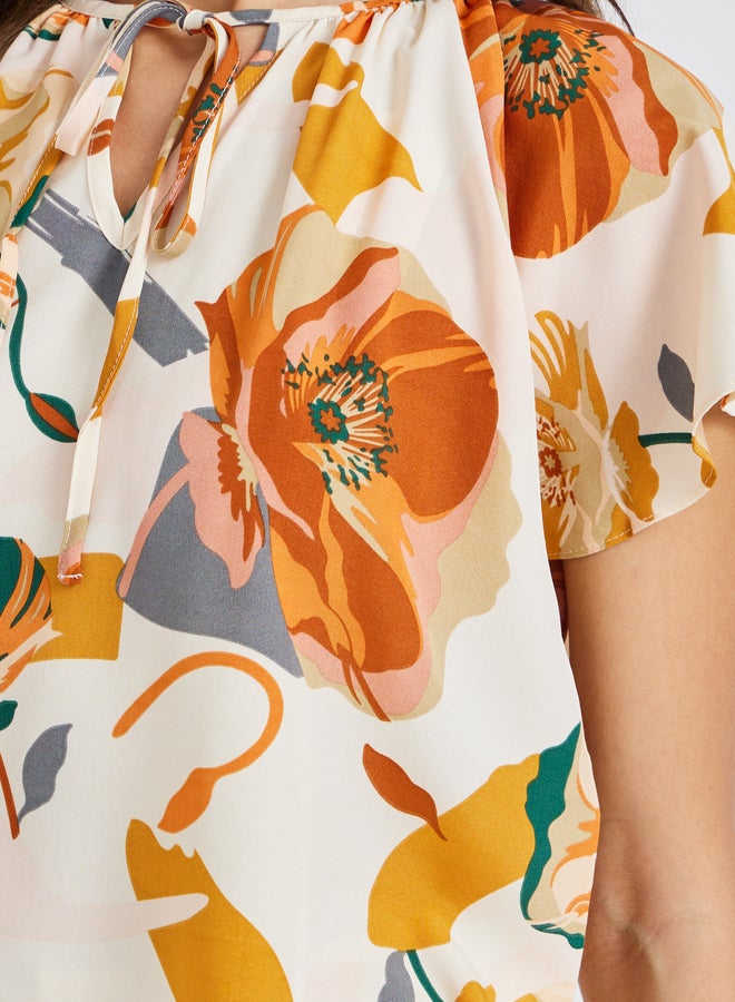 Take Two Floral Print Batwing Sleeve Tie-Up Neck Blouse  - Image 3