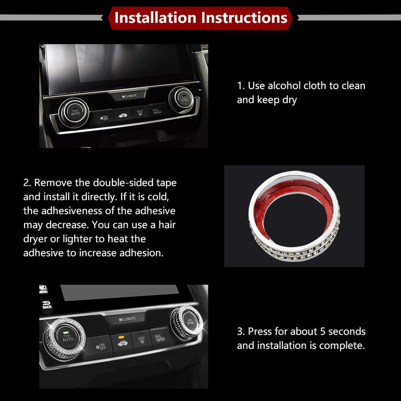 LECART Bling Car Accessories Fit for Honda Civic 10th Gen 2016 2017 2018 2019 2020 2021 AC Knob Covers Auto Interior Bling Decor Crystal Metal Cover Trim Cute Decoration 2 Pack - Image 5