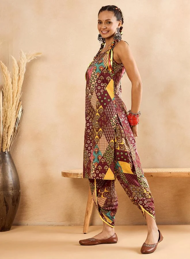 Winered Multi-Pattern Cotton Tunic And Dhoti Trousers Set