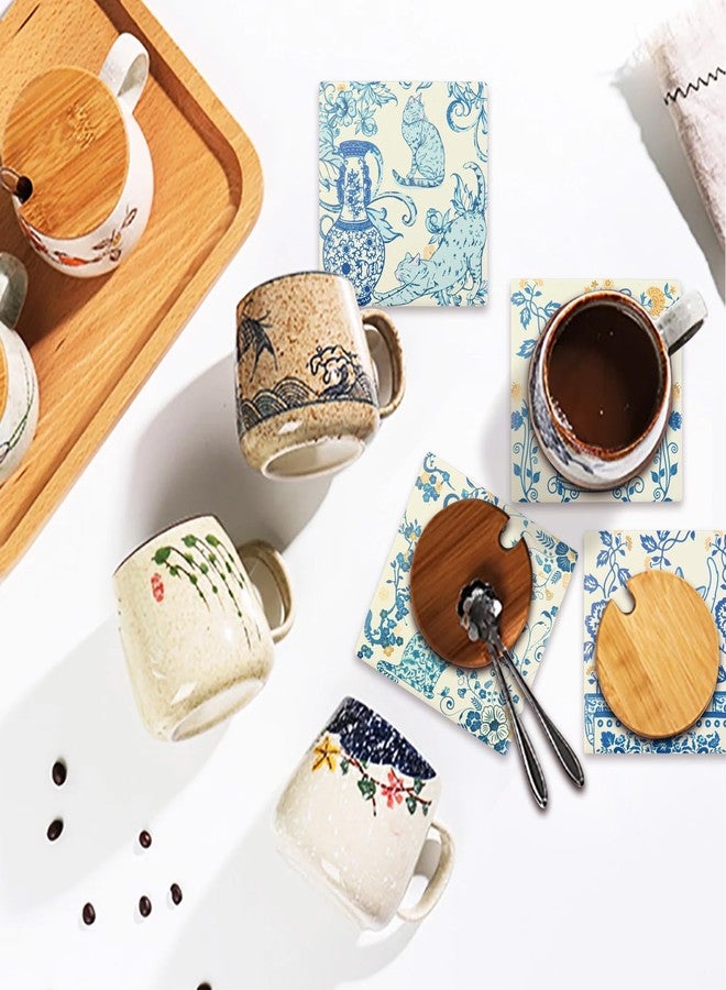 Laisgee Blue White Coasters Chinoiserie Cat Coasters for Drinks Blue Vintage Kittens Ceramic Coasters with Cork Base for Cat Lovers Housewarming Birthday Gifts Set of 4 - Image 3