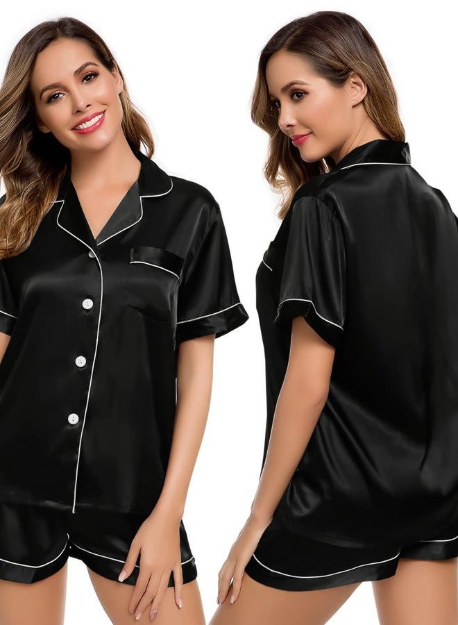 LecGee Womens Silk Satin Pajamas Short Sleeve Loungewear Two-Piece Sleepwear Button-Down Pj Set, Black-03, XXL - Image 1
